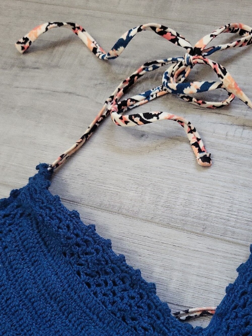 Xhilaration Navy Blue Crochet Bikini Top with Multicolor Tie Straps - Picture 3 of 5